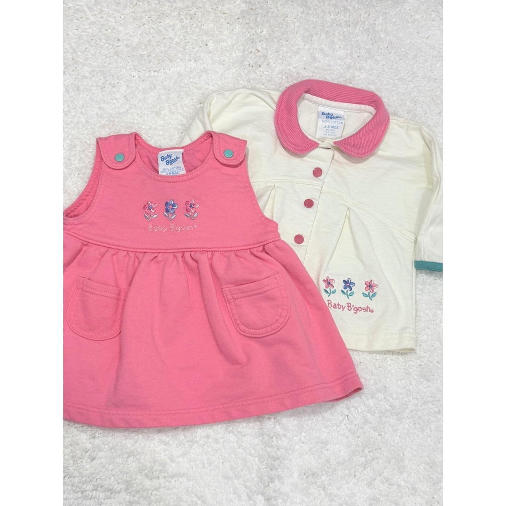 vtg 90s Baby B'gosh Dress Set Girls 3-6M Floral Jumper Cardigan pink usa